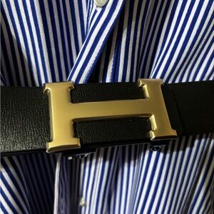 Designer leather “H” Belt with Gold Buckle in Black leather